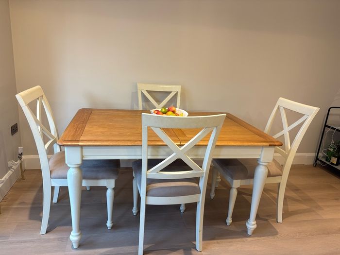 Extendible Wooden dining table & 4 fabric cushioned chairs