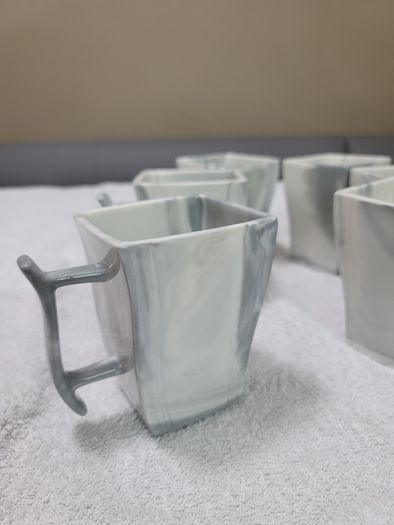 Stylish Modern Porcelain China Square 55 Piece Dinner Set, Marble Grey, Dinnerware, Dinner Party Set. Plates, Cups Mugs Bowls Egg Cups