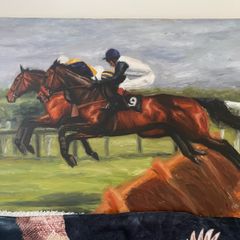 Ester Barrett Irish Artist Horse an Jockey in motion Oil on canvas 2000 signed