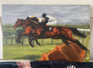 Ester Barrett Irish Artist Horse an Jockey in motion Oil on canvas 2000 signed