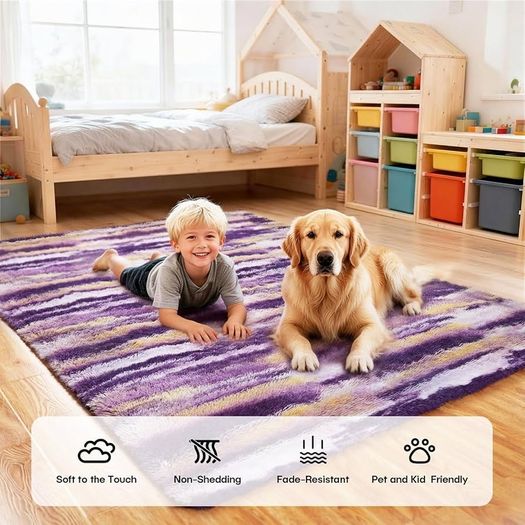 Rugs Living Room 180x270cm Large Rug for Living Room, Machine Washable Non-Slip Carpet, Soft Fluffy Pile Area Rug for Bedroom Kids Room Nursery Home, Tie-Dyed Purple