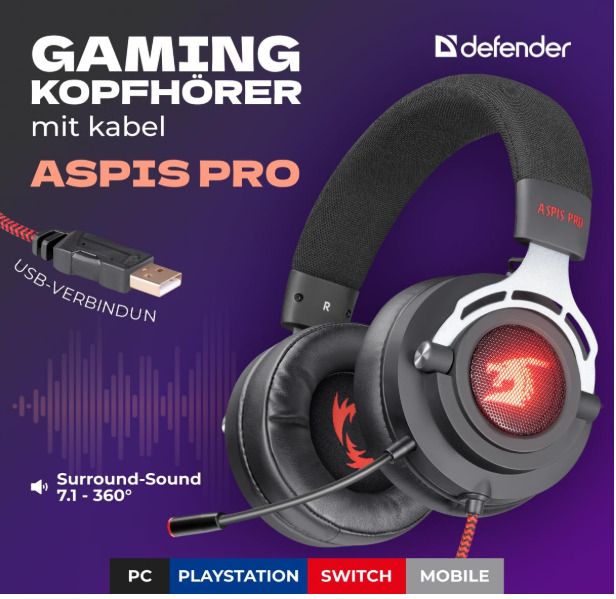 Defender Aspis Pro 7.1 Gaming Headset with Microphone, USB, RGB, 50mm Driver