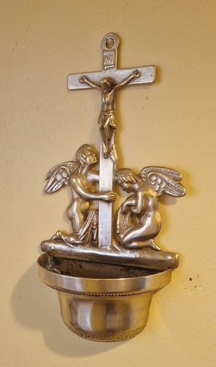 Antique  Brass Angel Holy Water Font Religious Wall Art