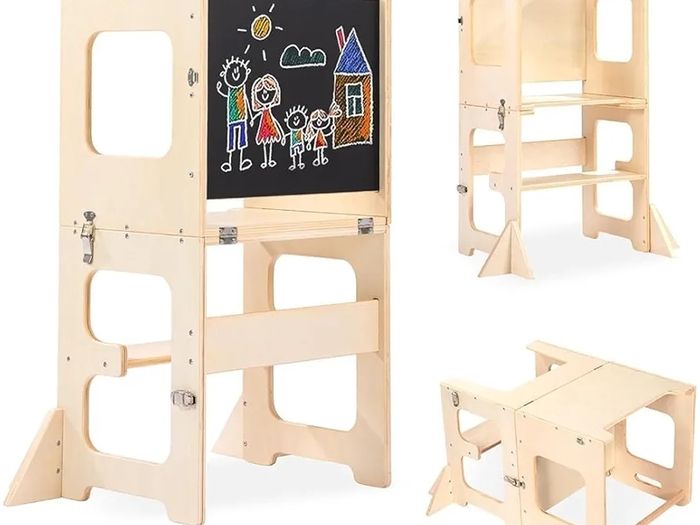 Learning Tower for Children, Foldable Montessori Learning Tower, 3 in 1 Learning Stool with Blackboard, Montessori Kitchen Helper Learning Tower from 18 Months (Wood)