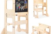 Learning Tower for Children, Foldable Montessori Learning Tower, 3 in 1 Learning Stool with Blackboard, Montessori Kitchen Helper Learning Tower from 18 Months (Wood)
