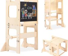 Learning Tower for Children, Foldable Montessori Learning Tower, 3 in 1 Learning Stool with Blackboard, Montessori Kitchen Helper Learning Tower from 18 Months (Wood)