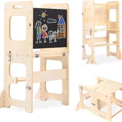Learning Tower for Children, Foldable Montessori Learning Tower, 3 in 1 Learning Stool with Blackboard, Montessori Kitchen Helper Learning Tower from 18 Months (Wood)