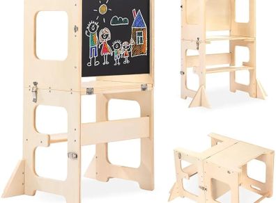 Learning Tower for Children, Foldable Montessori Learning Tower, 3 in 1 Learning Stool with Blackboard, Montessori Kitchen Helper Learning Tower from 18 Months (Wood)