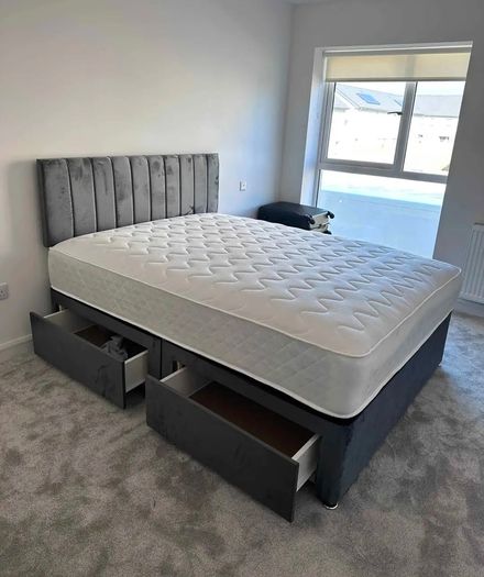 Brand New Stylish Double Divan Beds Instock.. Multiple Headboard Designs And Tufted Memory Foam Mattresses Available