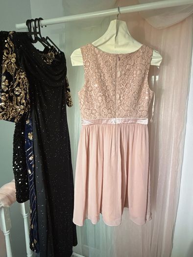 Dusty Rose Pink Sleeveless Lace-Trimmed Chiffon Waist-Cinched Dress
