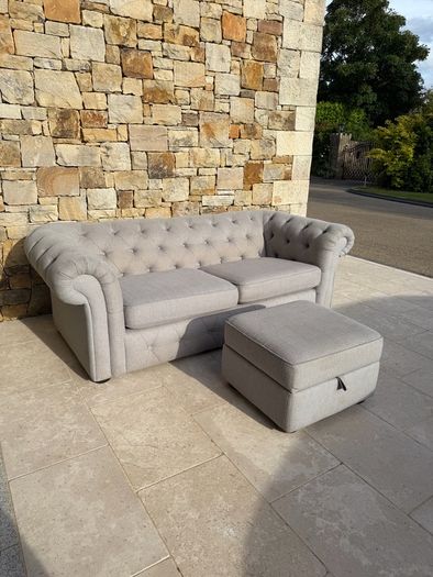 Beautiful grey chesterfield sofa & storage pouffe