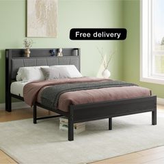 Double Bed Frames with Wooden Storage Headboard,Heavy Duty Metal