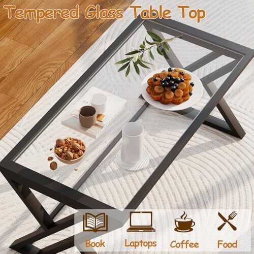 Coffee Table, Living Room Table, Center Tea Tables, Glass Coffee Table, End Sidetable with Black Metal Frame for Living Room Bedroom Office, Modern Open Design, 39 x 19 x 18 IN, Transparent Glass