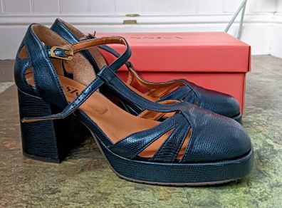 Esska Chaza Vegan Navy Blue Size 41 (UK7.5), Mid Heel T-Bar Shoe