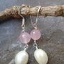 Sterling Silver,Rose Quartz, Pearl Earrings, New, Handmade Image 5