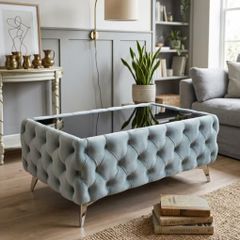 Chesterfield Coffee Table Velvet Rectangle 83x63x45cm with Glass