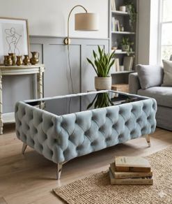 Chesterfield Coffee Table Velvet Rectangle 83x63x45cm with Glass