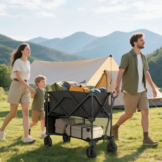 Double Decker Folding Festival Trolley on Wheels, 200KG & 350L Capacity Collapsible Wagon Festival Trolley Cart with 134cm Extended for Camping Sports Shopping Garden and Beach, Black