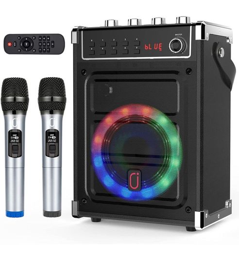 Karaoke Machine with 2 UHF Wireless Microphones, Bluetooth Speaker with Bass/Treble Adjustment and LED Light, PA System Support TWS, AUX in, FM, REC, Supply for Party/Adults/Kids MULTIPLE COLOURS AVAILABLE (FREE POSTAGE)