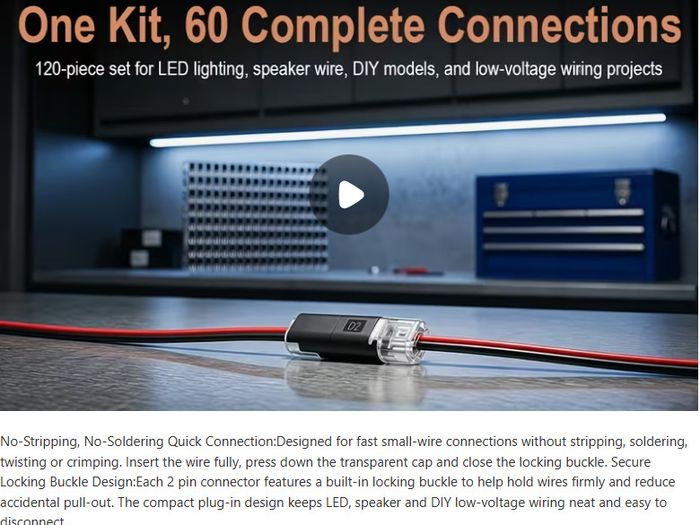 120pcs Double Wire Plug-In Connectors, 2-Pin Low Voltage Quick Connectors with Locking Buckle, No-Stripping Connectors for 18-22 AWG LED Strip, Speaker Wire, Wiring
