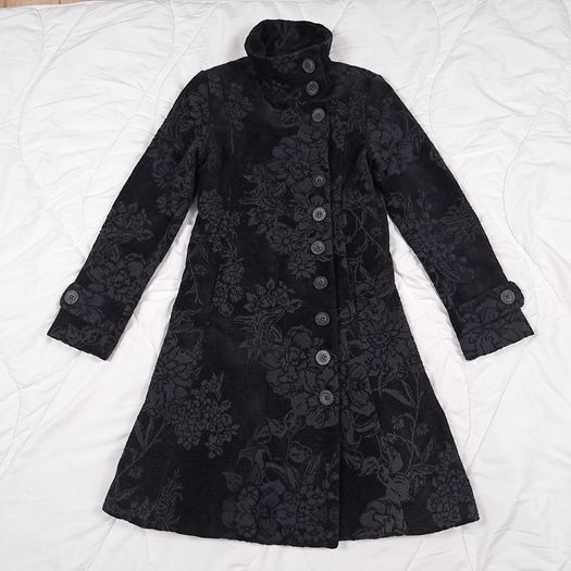 Desigual Black Velvet Embossed Floral Pattern High Neck Longline Coat 8UK/36EU