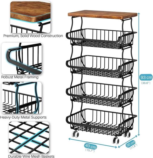 5 Tier Vegetable Fruit Basket for Kitchen, Stackable Metal Fruit and Vegetable Storage Baskets with Rolling Wheels Cart, Pantry organisers and storage for Kitchen Bathroom Livingroom Laundry room Cart
