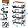5 Tier Vegetable Fruit Basket for Kitchen, Stackable Metal Fruit and Vegetable Storage Baskets with Rolling Wheels Cart, Pantry organisers and storage for Kitchen Bathroom Livingroom Laundry room Cart Image 2
