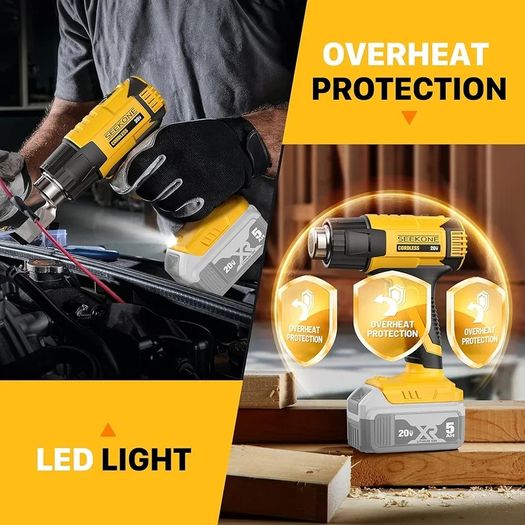 Cordless Heat Gun for Dewalt 20V Battery, Dual Temperature Settings 300 C and 550 C Fast Heating Hot Air Gun with 3 Nozzles for Shrink Tubing, Vinyl Wrap, Crafting, Electronics (No Battery)