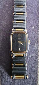 Vintage 1980s Pulsar Quartz Ladies Watch,  Black & Gold Two-Tone, New Battery