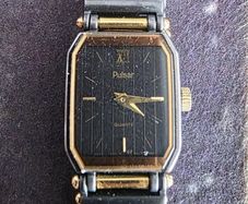 Vintage 1980s Pulsar Quartz Ladies Watch,  Black & Gold Two-Tone, New Battery