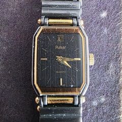 Vintage 1980s Pulsar Quartz Ladies Watch,  Black & Gold Two-Tone, New Battery