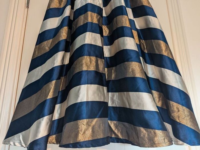Metallic Navy Striped Pleated A-Line Full Flare Satin Midi Skirt from Traffic People