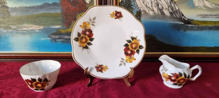 21 Piece Royal Tara Bone China Gold Gilt Red And Yellow Floral Tea Set For 6 Person Setting Made in Ireland