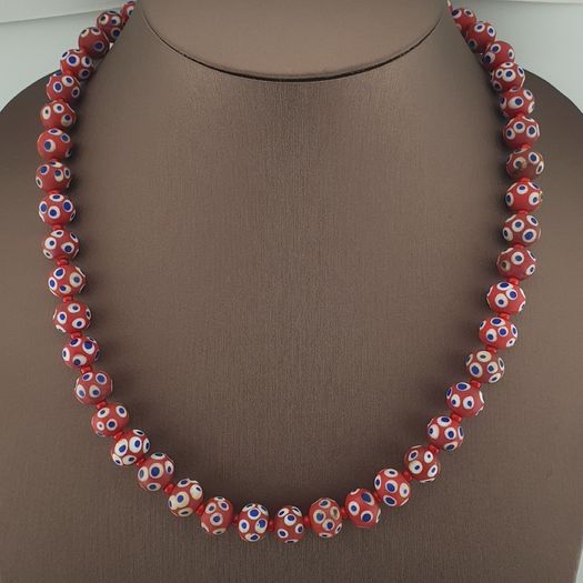 Antique Venetian Style Blue Eyes Red Glass & venetian WhiteHeart Glass Beads Necklace