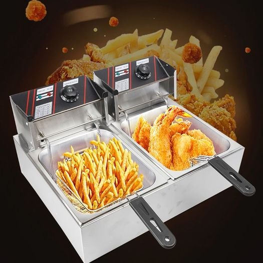 Stainless Steel Commercial Electric Fryer Stainless Steel Fryer 12L Electric Double Tank Double Sieve Machine for Chicken/Shrimp With Basket And Lid 12L 220v