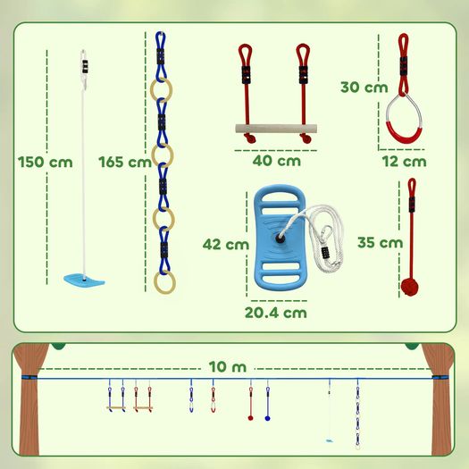 Ninja Line Kids 10m 9-piece Slackline Set with 2 Gym Rings 3-in-1 Swing 2 Climbing Bars for 3-8 Years Multicolored