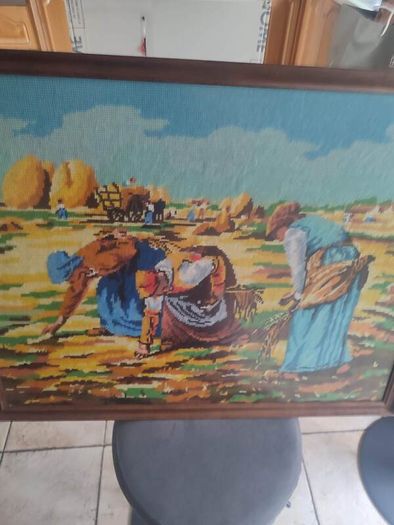 French Vintage Embroidery Picture in a wooden Frame - Women working in the Fields-70s