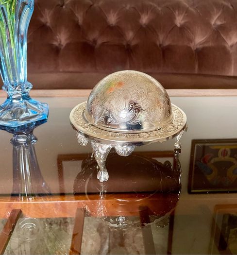 Vintage Silver Colour Roll Top Butter Dish with Glass Insert or Ornate Caviar Server