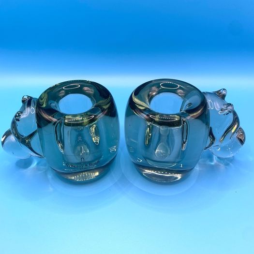 Vintage art glass candlesticks shaped like a hippopotamus