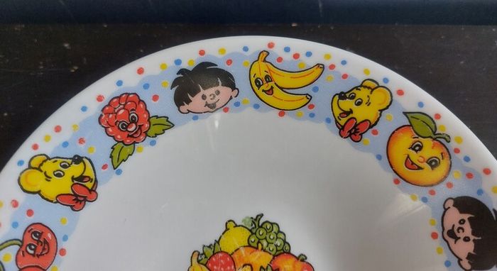 Vintage Rare Collectable Arcopal France Childrens Milk Glass Dining Set with Haribo Sweets Motifs, Consisting of A Mug, Cereal Bowl and 20cm Plate, circa 1970