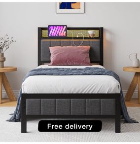 Single Bed Frames with Storage Headboard and Charging Station/LED Lights