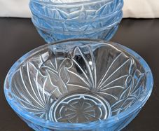 Vintage Blue Pressed Glass Floral Dessert Bowls Set of 4 Retro Glassware