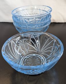 Vintage Blue Pressed Glass Floral Dessert Bowls Set of 4 Retro Glassware