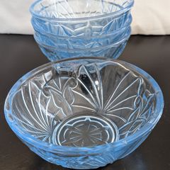 Vintage Blue Pressed Glass Floral Dessert Bowls Set of 4 Retro Glassware