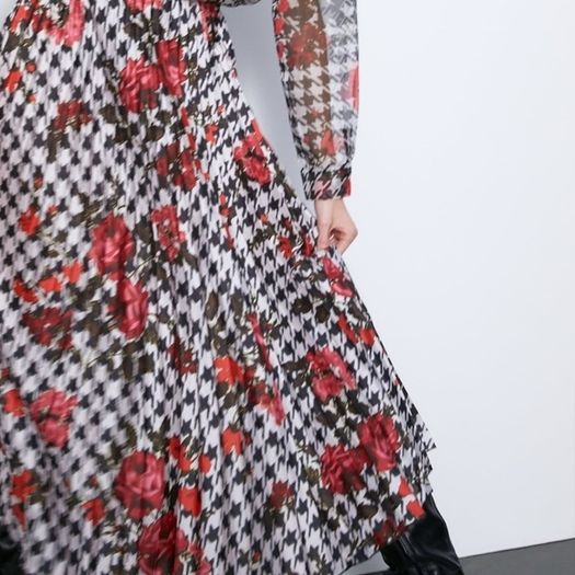Zara Multicoloured Houndstooth & Floral Print Pleated Flowing Midi Skirt  Xs