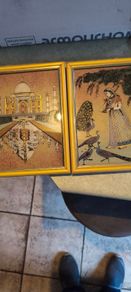 Set of 2 framed Gemstone Painting From Rajasthan, India in golden frame.
