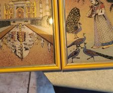 Set of 2 framed Gemstone Painting From Rajasthan, India in golden frame.