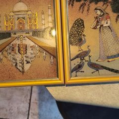 Set of 2 framed Gemstone Painting From Rajasthan, India in golden frame.