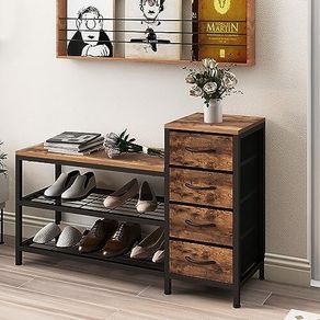 3-Tier Shoe Bench with 4 Drawers and Seat, Shoe Rack with Storage Space