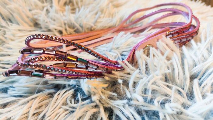 Purple Boho Multi-Layer Leather Bracelet with Rhinestones
